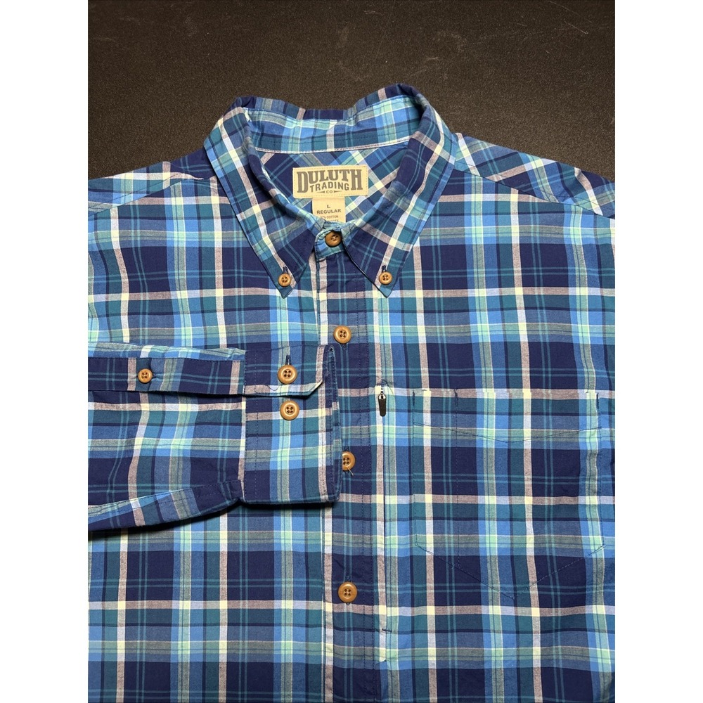 Duluth Trading Co Shirt Mens L Blue Plaid Long Sleeve Button Up Zip Pocket EUC